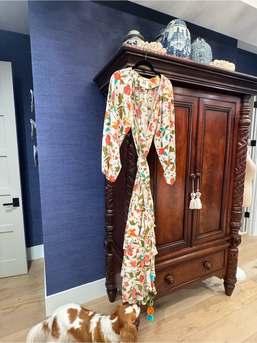 Floral Long Sleeve Maxi wrap Dress with belt- White with Multicolor Floral Print